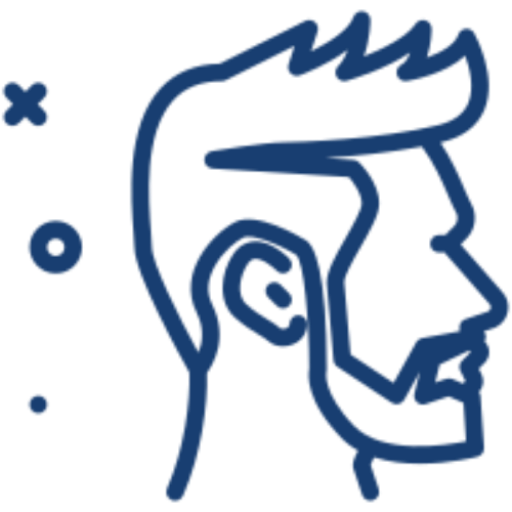 Profile silhouette of a man, blue outline.