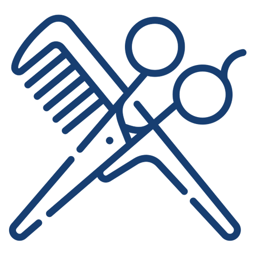 Scissors and comb icon on black background.