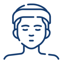 Minimalist blue line art of a person wearing a cap and mask.