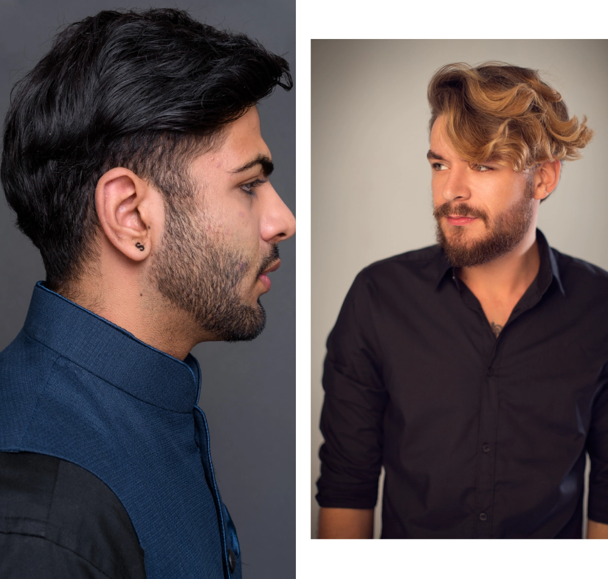Two men posing against a plain backdrop, one in profile and the other facing forward.